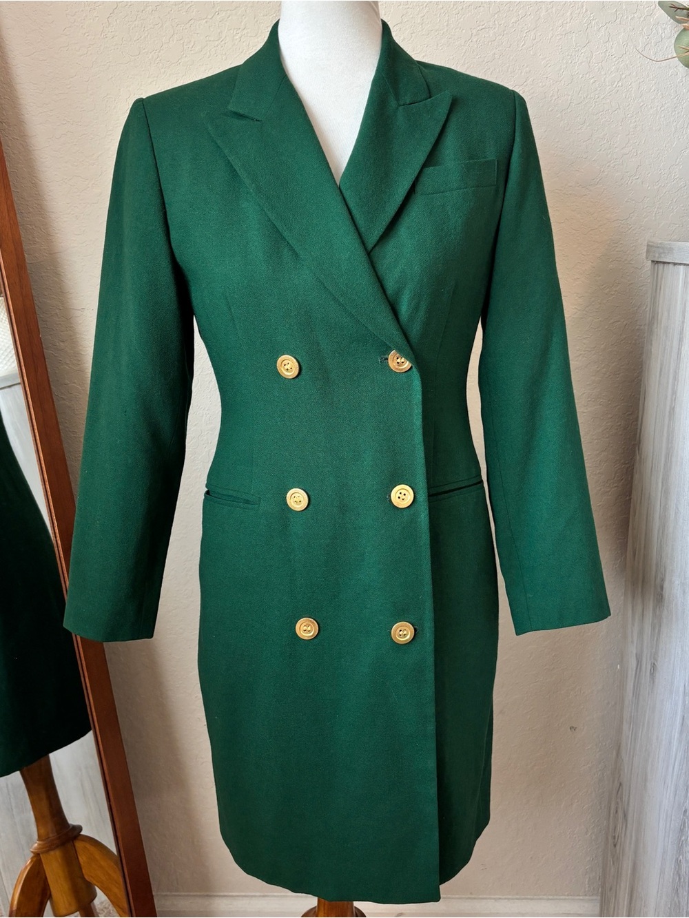 Harve Benard Vintage Green 100% Wool Double Breasted Blazer Coat Gold Petite 6